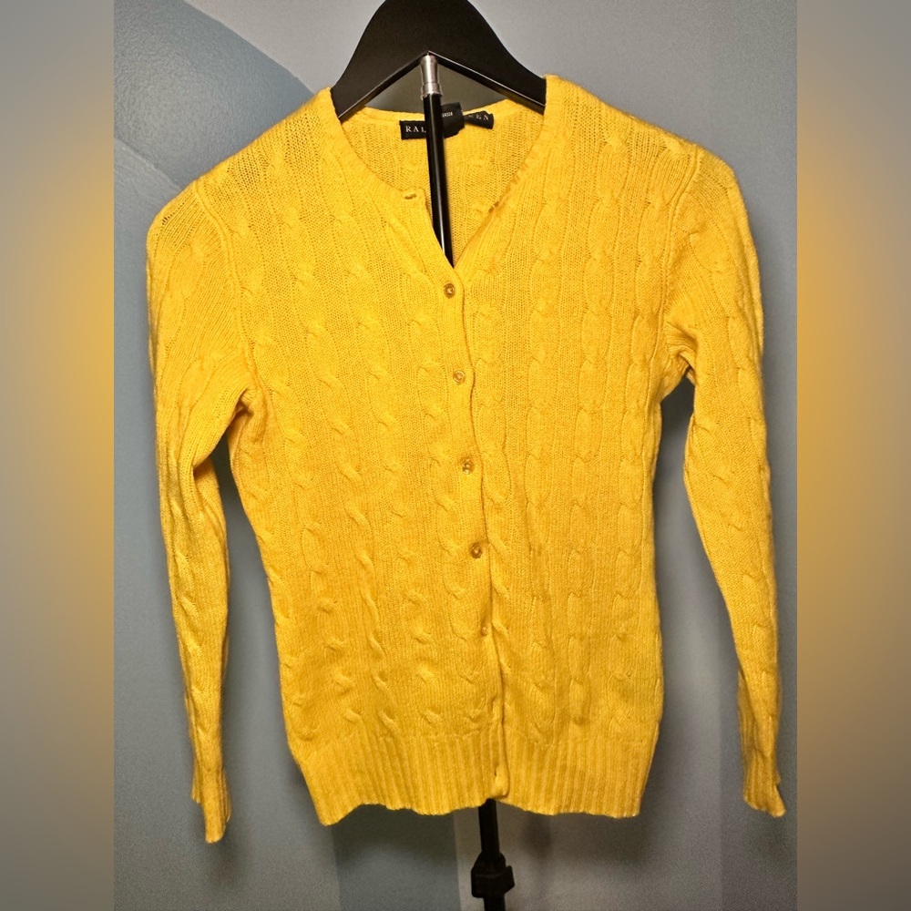 ☀️ Ralph Lauren Black Label Yellow Cashmere Cable Knit Cardigan ☀️